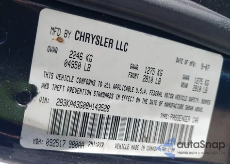 2008 Dodge Charger из США, поврежденный, VIN 2B3KA43G08H143528